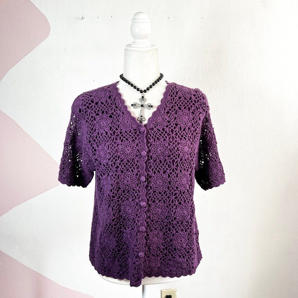 Vintage 90s Purple Crochet Cardigan Sz Large Festival Y2K